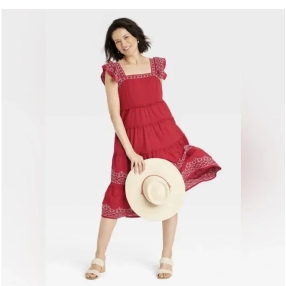 Knox Rose Dresses & Skirts - Knox Rose Red Ruffle Boho Embroidered Tiered Flowy Summer Midi Dress